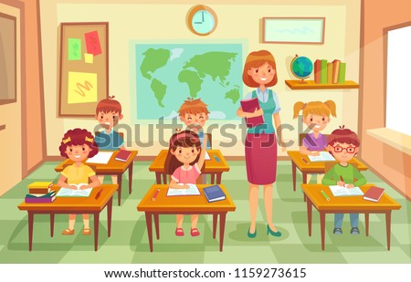 Pupils and teacher in classroom. School pedagogue teach geography lesson with map and globe to pupil kids character. Schools lessons education at class interior cartoon vector illustration