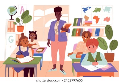 Pupils and teacher in classroom. Smiling female pedagogue teaching geography lesson to schoolchildren. Education at school. Class interior with kids student. Cartoon flat vector illustration