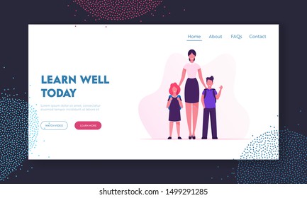 Pupils and Teacher in Classroom Website Landing Page. Back to School Concept with Young Woman Pedagogue and Children in Class. Education and Studying Web Page Banner. Cartoon Flat Vector Illustration