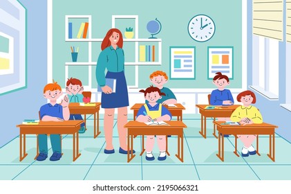 Pupils and teacher. Group lecturing, flat child in classroom. Happy student at school or college on lecture. Cartoon educational kicky vector illustration