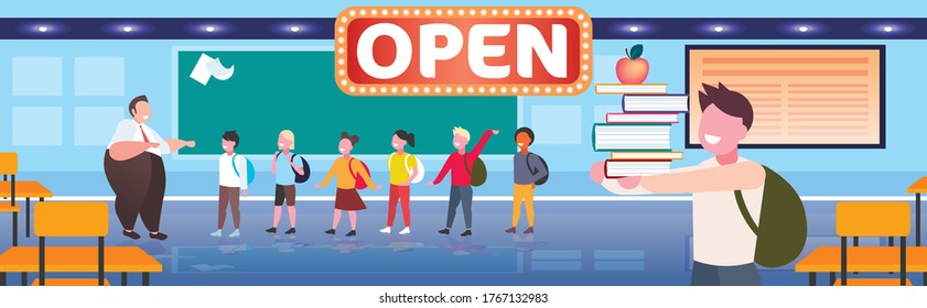 pupils with teacher standing in front of chalk board open board coronavirus quarantine is over back to school concept classroom interior horizontal full length vector illustration