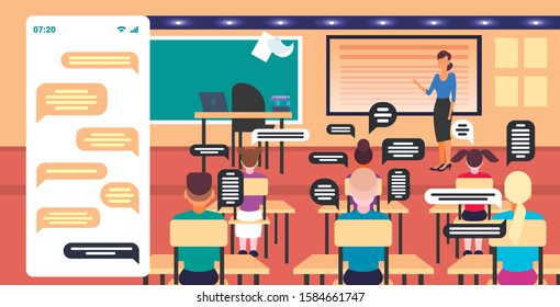 pupils using smartphones mobile chatting app social network chat bubble communication concept mix race schoolchildren sitting at desks modern classroom interior smartphone screen rear view horizontal