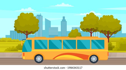 Puplic transport route around city and surroundings. Urban or countryside traffic concept. Landscape of park with yellow bus. Modern cityscape of town with nature. Bus travels across park road