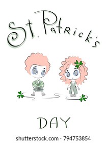 A puppet boy and a girl with red hair in folk Irish costumes. The inscription is handwritten by St. Patrick's Day. Colored, vector illustration.