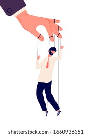 Puppet businessman. Manipulating human, hand control marionette. Politics, dictator manipulator concept. Vector business power illustration