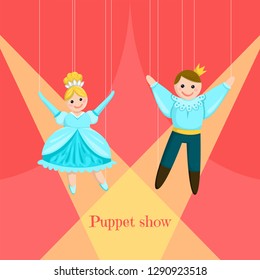 Puppet dolls princess and prince with crowns. A girl in a dress, a boy in a blouse and trousers, funny dolls in the theater on a red background curtains.