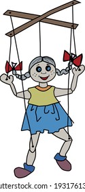 Puppet girl on ropes with control sticks