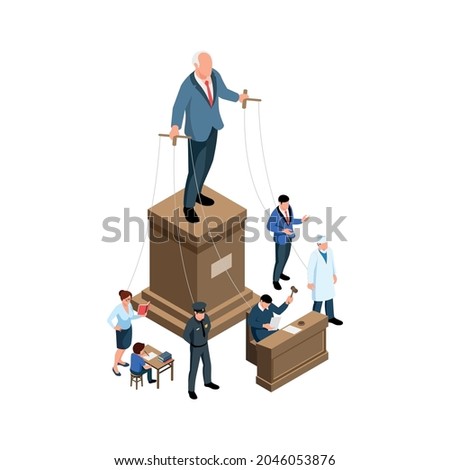 Puppet government authoritarianism isometric concept with political figure doctor teacher child policeman 3d vector illustration