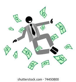 Puppet jumping on a pile of dollar bills