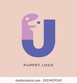 Concepto de logotipo de marioneta con letra U. Reproducir con espacio negativo.