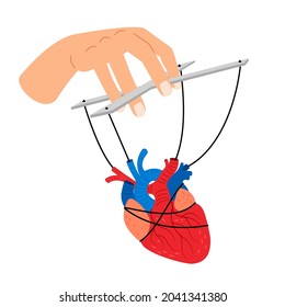 Puppet love concept. Lover heart manipulating, woman soul on strings, men girls relationships obedience and manipulation, puppeteer hand painful marionette obedient, vector isolated on white
