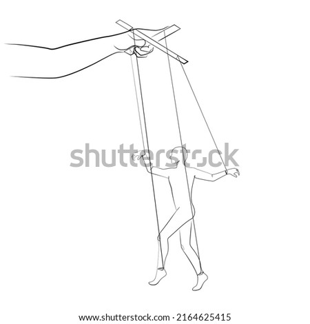 Puppet man and the hand that controls him one line drawing on white isolated background