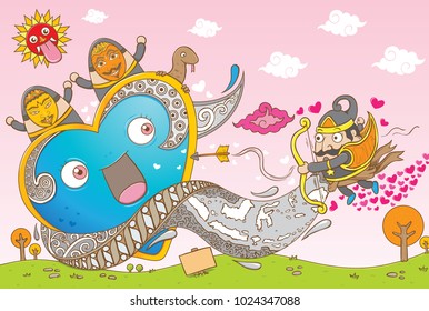 puppet man shooting with arrow to big heart on sky background