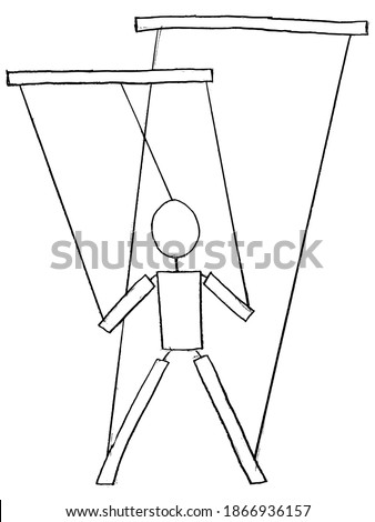 Puppet or marionette, doll for small theater. Vector, hand drawn, sketch illustration. Motives of manipulation and control of human, puppet theater for children and fairy tales