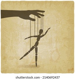 Puppet marionette on ropes is ballet dancer on vintage background