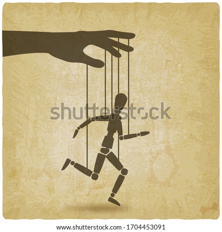 Puppet marionette on ropes is running man on vintage background