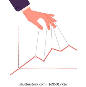 Puppet master controlling chart. Business speculate graph, control finance indicators and marketing. Hand manipulates price vector concept