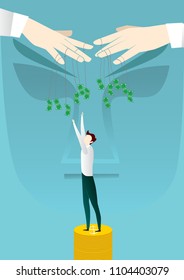 Puppet master hand control a money. Manipulation concept. Manager extends his hands to the paper money and standing on coins