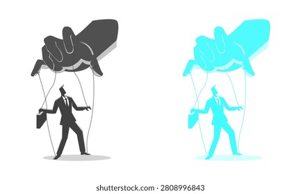Puppet Master Hand Controlling Businessman on Strings Vector Set