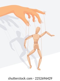 Mano maestra de marionetas. Cadenas de control de marionetas en manos de titiriteros, titiriteros manipulan juguete de marionetas de hombre de madera en hilo, concepto de iluminación de gas de psicología, ilustración de vector nítida