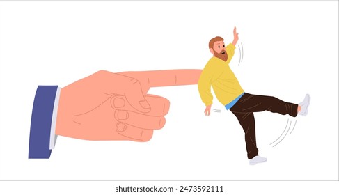 Puppet master hand pushing scared man cartoon character vector illustration isolated on white