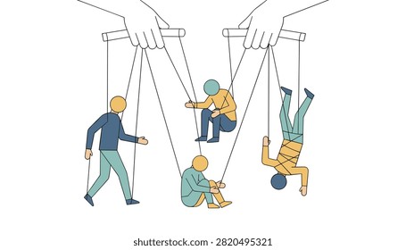 Puppet master hands controlling marionette string puppets representing manipulation, control, and lack of freedom.