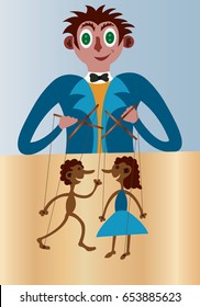 the puppet master
a puppeteer handling puppets on a stage,