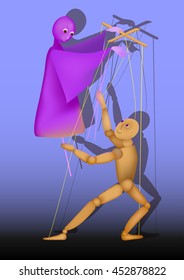 puppet on a stick and a puppet control each other, illustration