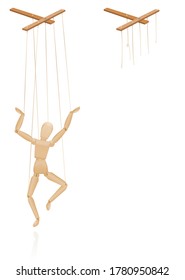 Puppet on strings. Marionette control bar with intact and broken strings. Torn cords as a symbol for freedom, independence, autonomy, liberty, detachment, release or escape. Isolated vector on white.
