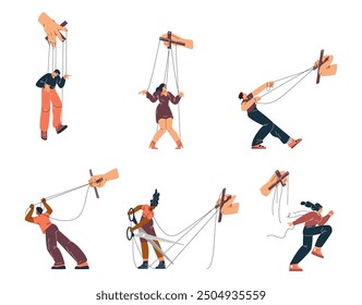 Puppet people controlled by hand vector illustrations set. Cartoon marionette characters tied with ropes to arms and legs, fights for freedom, emancipation. Manipulation, dependence, exploitation