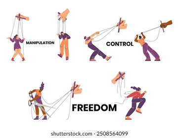 Puppenmenschen, die von Hand gesteuert werden, Vektorgrafiken mit Manipulation, Kontrolle, Freiheitsbeschriftungen. Cartoon marionette Figuren mit Seilen zu Armen und Beinen gebunden, Kämpfe für die Emanzipation