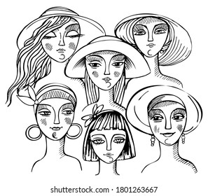 Puppet portraits in fashionable hats, earrings and headscarves. Black and white line drawing in fashion style. Vector illustration.