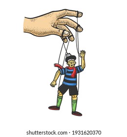 Puppet and puppeteer color sketch engraving vector illustration. T-shirt apparel print design. Scratch board imitation. Black and white hand drawn image.