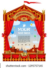 Puppet show booth with theater masks, red curtain, illuminated signboards and city view and colorful balloons in the sky. Artistic and theatrical poster and 
template design. Vector illustration