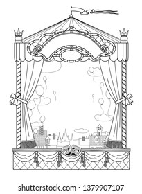 Puppet show booth with theater masks, curtain, signboards and city view and balloons in the sky. Linear drawing for coloring book. Vector illustration