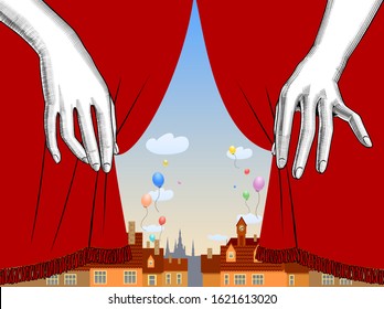 Puppet show booth with theater masks, red curtain, illuminated signboards and city view and colorful balloons in the sky. Artistic and theatrical poster and 
template design. Vector illustration