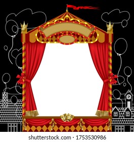 Puppet show booth with theater masks, red curtain, illuminated signboards and contour city on black. Artistic and theatrical poster and template design. Vector illustration