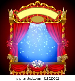 Puppet Show Booth With Theater Masks, Red Curtain, Illuminated Signboards And Blue Light Inside. Vector Illustration