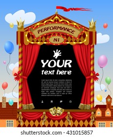 Puppet Show Booth With Theater Masks, Red Curtain, Illuminated Signboards With City View And Colorful Balloons In The Sky.  Vector Illustration