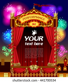 Cabine de show de fantoches com máscaras de teatro, cortina vermelha, placas iluminadas com vista noturna da cidade e fogos de artifício no céu. Cartaz artístico e teatral e design de modelo. Ilustração vetorial