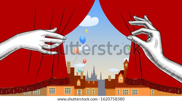 Puppet show booth with theater masks, red curtain, illuminated signboards and city view and colorful balloons in the sky. Artistic and theatrical poster and 
template design. Vector illustration