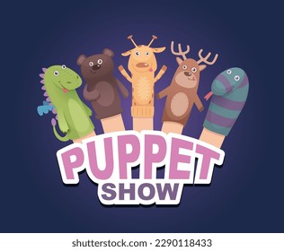 Puppet show. cartoon animals socks puppets. Vector logotype for theatre attraction