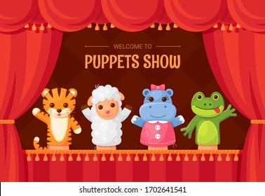 Puppet show, child theater funny stage performance. Marionette doll entertainment and play. Vector flat style puppet toy cartoon illustration