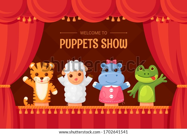 Puppet show, child theater funny stage\
performance. Marionette doll entertainment and play. Vector flat\
style puppet toy cartoon\
illustration
