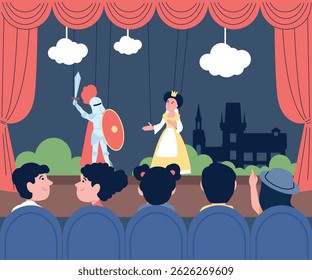Show de marionetes para crianças. Crianças assistindo produção teatral no teatro, entretenimento de conto de fadas para o público jovem com marionetes, cena vetorial recente