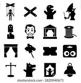 Puppet Show and Circus Theater Acting Icons Set - Solid Black Glyph Vector Collection