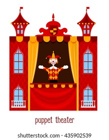 Puppet Show. Illustration Of Children's Puppet Theater With A Doll Clown On A White 
Background. Cartoon Vector A Puppet Theater. Stock Vector