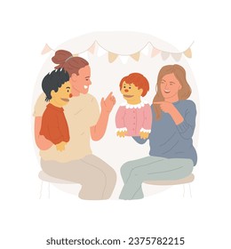 La marioneta muestra ilustraciones vectoriales de dibujos animados aislados. Grupo de actores que participan en un espectáculo de marionetas en el teatro, de pie en el escenario, estilo de vida de la gente y pasatiempo, caricatura vectorial de actividad práctica.