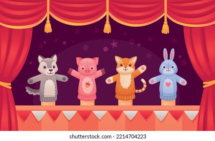 Puppet Show. Kid Doll Theater, Animal Puppets Performance On Stage Theatrical Scenery, Fairytale Story Children Marionette Toys From Sock Zoo Dolls, Ingenious Vector Illustration Of Show Doll Theater