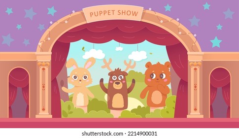 Puppet show with marionettes on theater stage vector illustration. Cartoon booth with red curtains, vintage sign, columns and gold decor, puppetry theatrical performance with bunny bear fox dolls